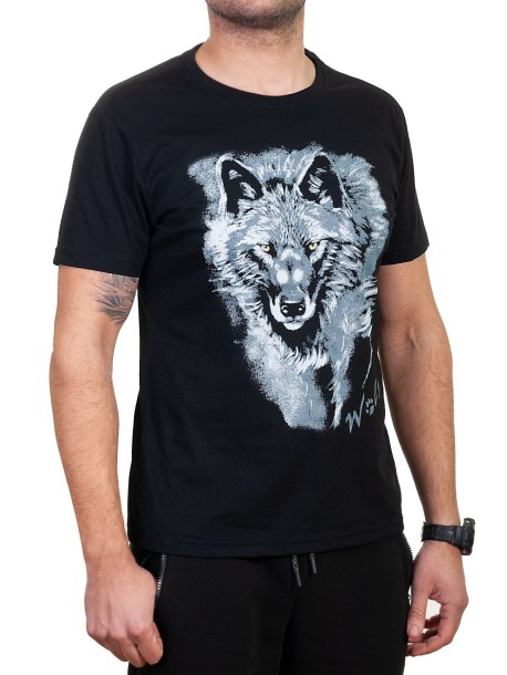 Черна мъжка тениска с вълк