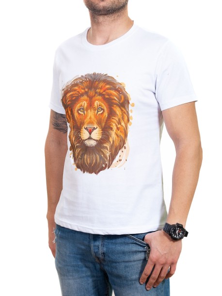 Бяла мъжка тениска с лъв