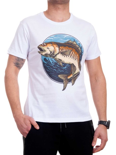Мъжка тениска в бяло с риба