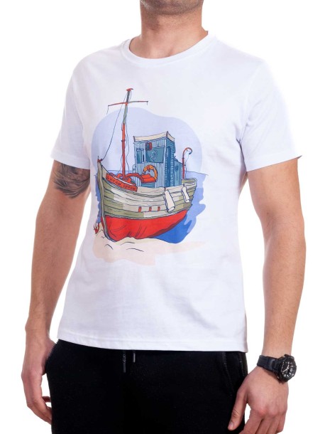 Бяла мъжка тениска с кораб