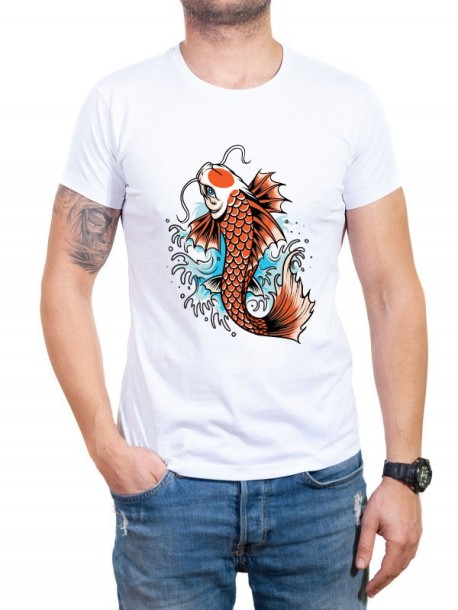 Бяла мъжка тениска с риба Якудза