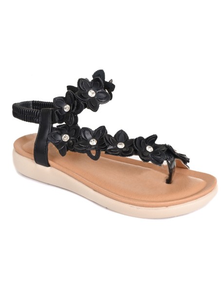 Черни дамски сандали с цветя