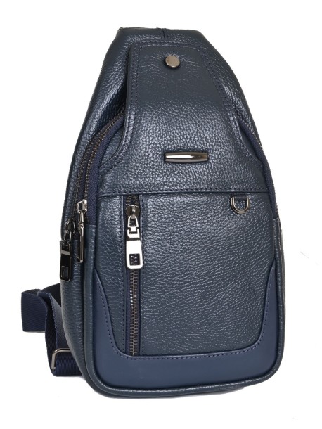 Синя чанта от естествена кожа през рамо