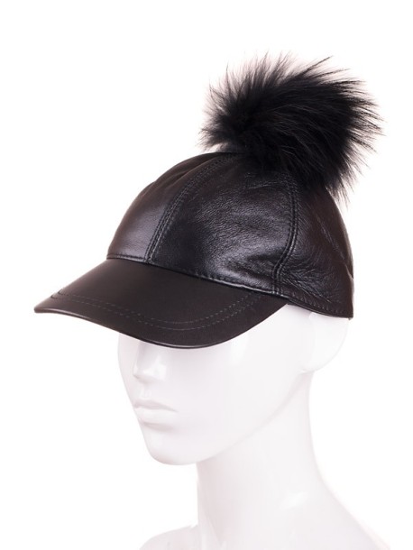 Шапка с козирка от естествена кожа - черна